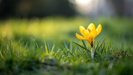 Vibrant yellow crocus flower blooming in lush green grassの素材