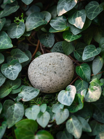 Peaceful nature scene with rock and heart-shaped leavesの素材