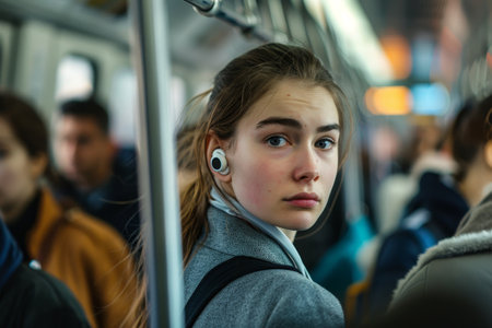 Young woman with earbuds on public transportationの素材