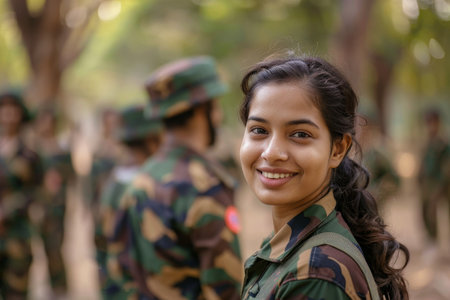Smiling female soldier in military uniformの素材