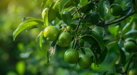 Green apples growing on a tree branchの素材