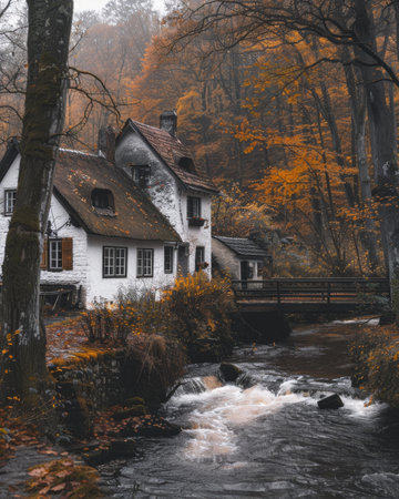 Cozy Autumn Cottage by Rushing Streamの素材