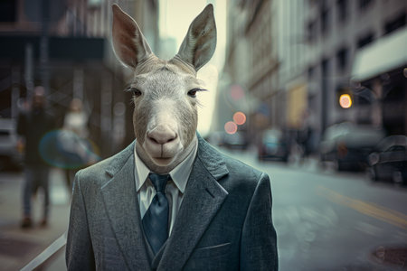 Businessman with Rabbit Head in City Streetの素材