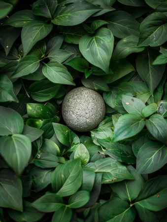 Lush green foliage with a stone in the centerの素材