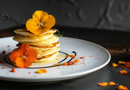 Delicious pancake stack with edible flowersの素材