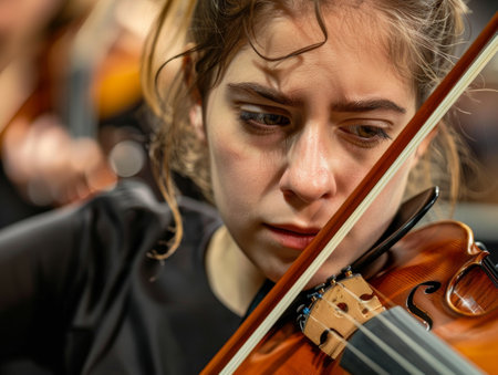 Emotional musician playing violin with intensityの素材