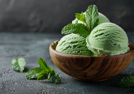 Delicious green mint ice cream in a wooden bowlの素材