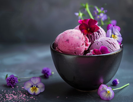 Delicious homemade berry ice cream with edible flowersの素材
