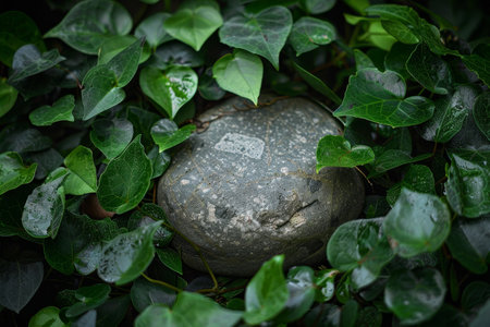 Lush green foliage surrounding a weathered stoneの素材
