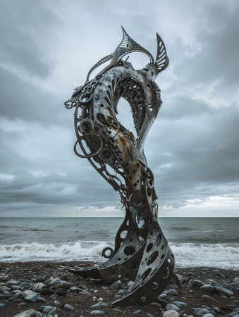 Surreal metal sculpture of a fish on a rocky beachの素材