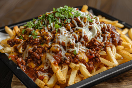Delicious chili cheese fries with ground beef and melted cheeseの素材