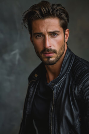 Handsome man with beard wearing leather jacketの素材