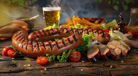 Delicious grilled sausages with french fries and vegetablesの素材