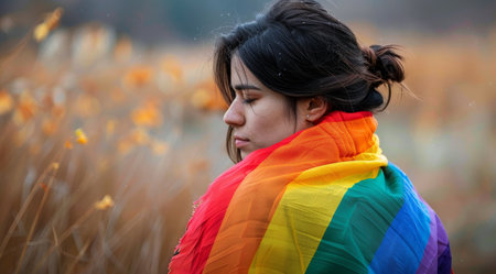 Person wrapped in rainbow flag enjoying autumn sceneryの素材