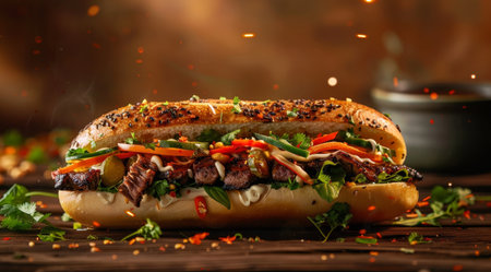 Delicious Gourmet Sandwich with Grilled Meat and Vegetablesの素材