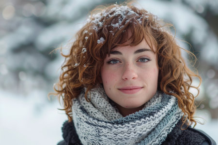 Curly-haired woman in winter attireの素材
