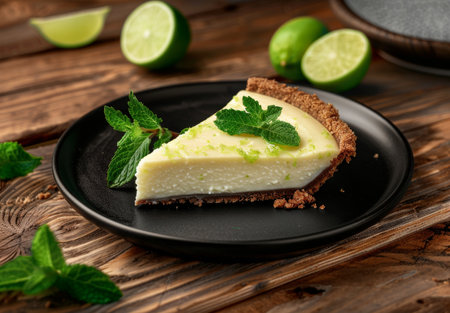 Delicious lime pie with mint garnish on wooden tableの素材