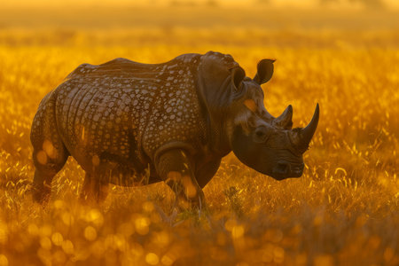Majestic rhinoceros in golden fieldの素材