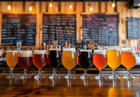 Assortment of craft beers on a bar counterの素材