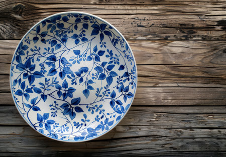 Decorative ceramic plate with blue floral pattern on wooden backgroundの素材