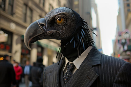 Mysterious businessman with bird mask in city streetの素材