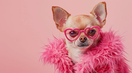 Fashionable Chihuahua in Pink Feather Boa and Heart-Shaped Glassesの素材