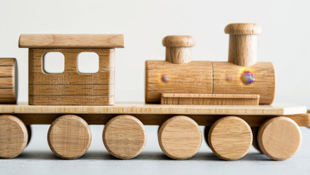 Wooden toy train on a shelfの素材