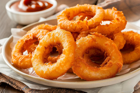 Delicious fried onion rings with dipping sauceの素材