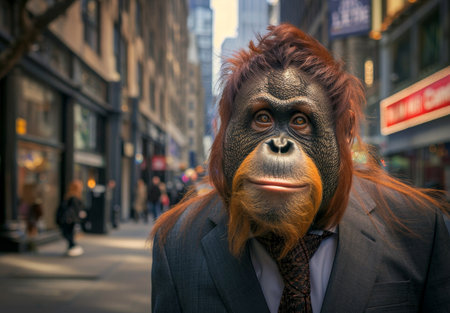 Primate in business attire on city streetの素材