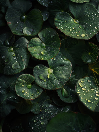 Lush green leaves with water dropletsの素材