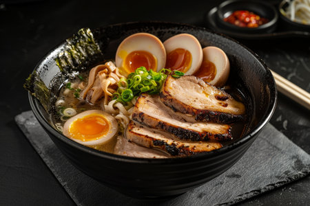 Delicious Japanese ramen noodle soup with pork, soft-boiled eggs, and garnishesの素材