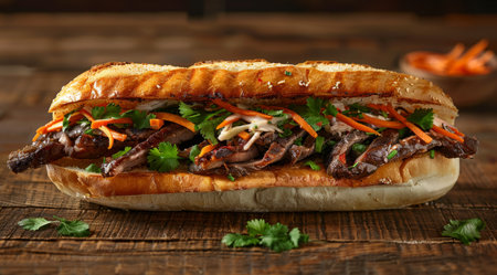 Delicious Steak Sandwich on Wooden Tableの素材