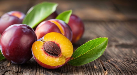 Fresh ripe peaches on wooden tableの素材