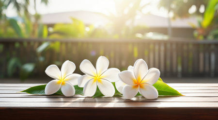 Tropical Plumeria Flowers on Wooden Deckの素材