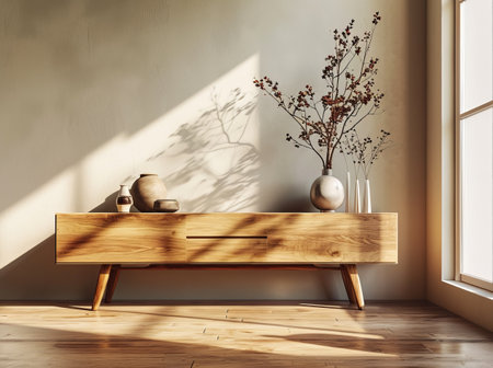 Minimalist home decor with wooden furniture and floral arrangementの素材