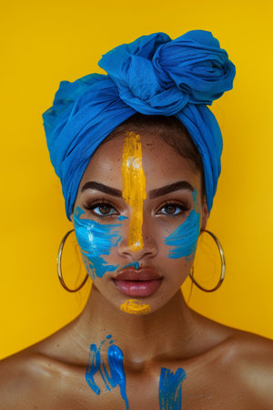 Vibrant portrait of a person with colorful face paintの素材