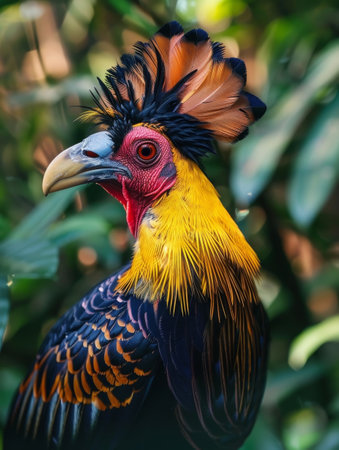 Vibrant Rooster Portrait in Lush Foliageの素材