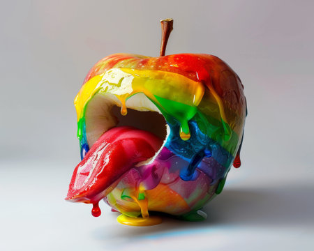 Colorful dripping paint on appleの素材