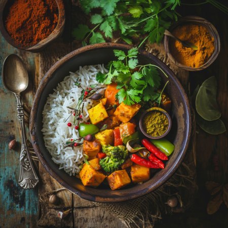 Delicious vegetarian curry dish with riceの素材