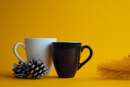 Cozy winter morning with hot drinks and pine coneの素材