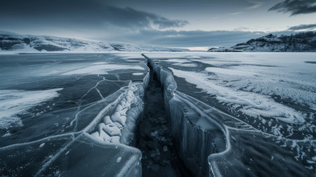 Frozen lake landscape with dramatic cloudsの素材