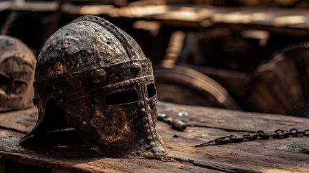 Weathered Medieval Helmet on Wooden Surfaceの素材