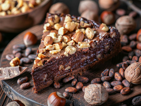 Decadent chocolate cake with nuts and caramelの素材