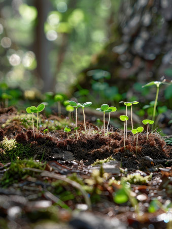 Lush forest floor with sprouting seedlingsの素材