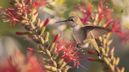 Hummingbird feeding on vibrant red flowersの素材