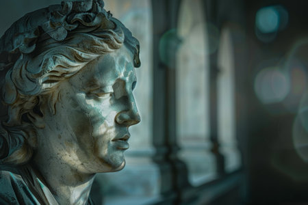 Weathered Marble Statue in Dimly Lit Hallwayの素材