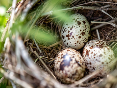 Speckled bird eggs in a nestの素材