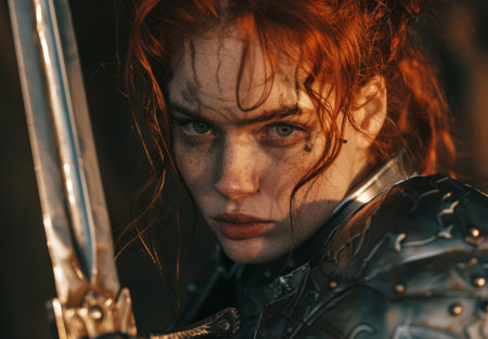 Fierce Warrior Woman with Fiery Red Hairの素材