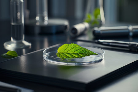 Leaf in Petri Dish on Laboratory Deskの素材