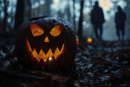 Spooky Halloween pumpkin in dark forestの素材